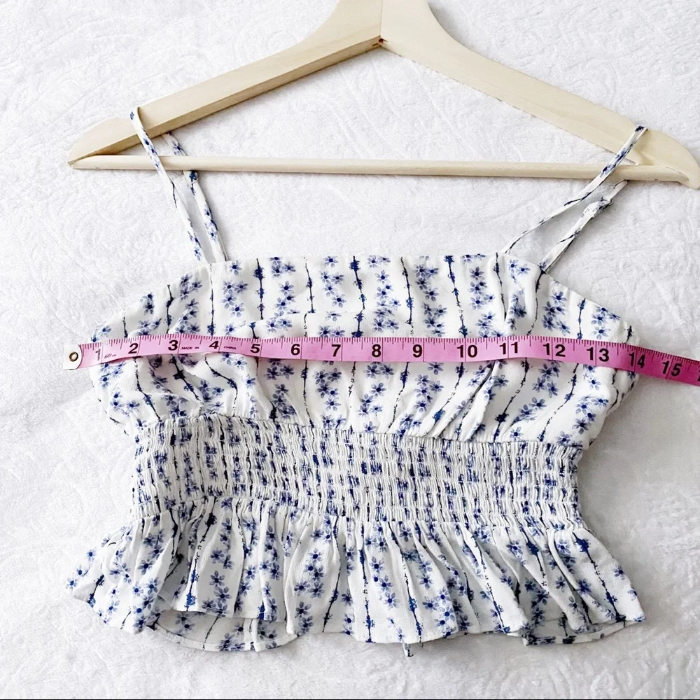 Blue + White Floral Print Smocked Waist Cropped Camisole - Picture 7 of 9